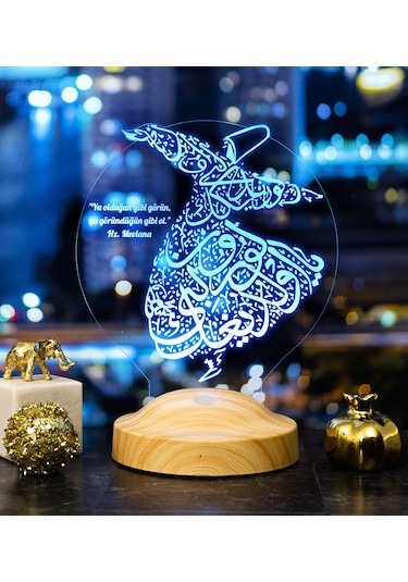 Semazen 3D Led Lamba, Mevlana Sözleri Semazen Hediye Gece Lambası