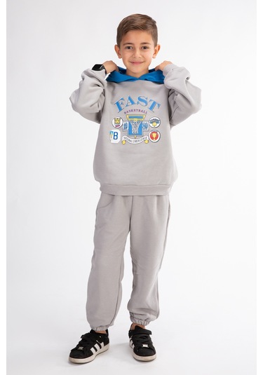 Erkek Çocuk Baskılı Kapşonlu Eşofman Takımı Gri