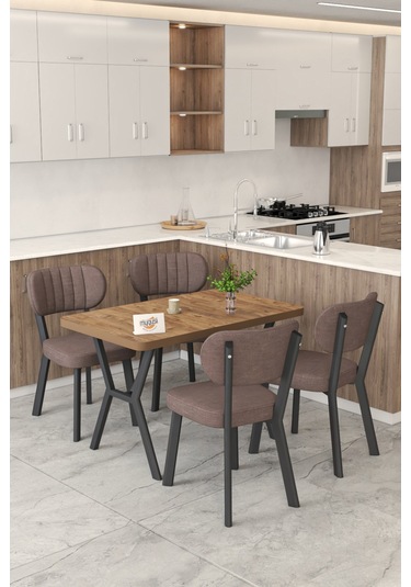 Gnr 70x110cm Sabit Atlantik Mutfak Masası Takımı, Yemek Masası, 4 Modern Kahverengi Sandalye Kahverengi