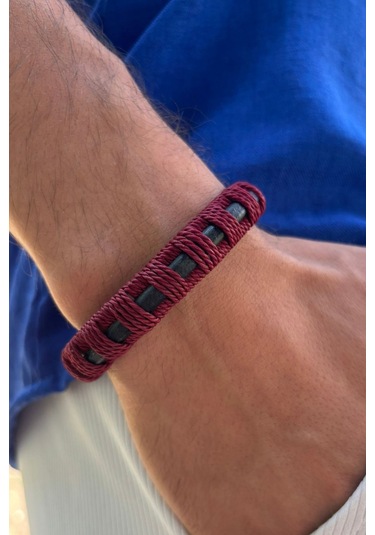 Kırmızı Desenli El İşçiliği İle Üretilmiş Hakiki Deri Erkek Bileklik Kırmızı