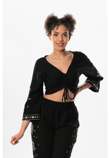 Uzun Kol Günışığı Büzgü Detaylı Yazlık Müslin Bluz Siyah Syh-siyah Siyah