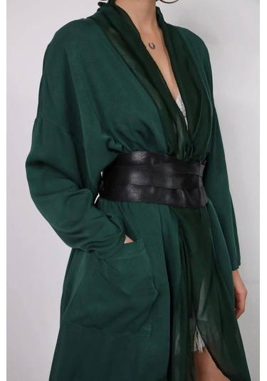 Italyan Ipek Detaylı Oversize Kaftan & Bluz-8711 Zümrüt Yeşili