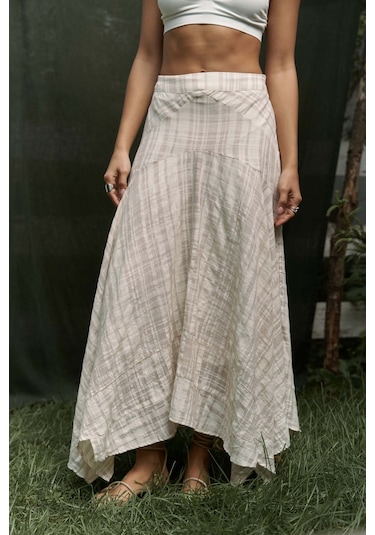 Peigi Çizgili Parçalı Bej Midi Etek Bej