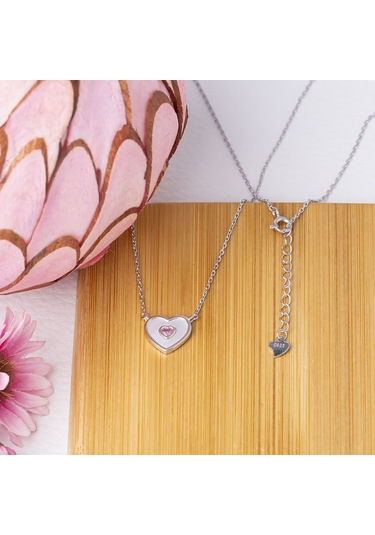 Kalp Model Sedef Pembe Zirkon Taşlı 925 Ayar Gümüş Kadın Kolye Gümüş - Rodyum