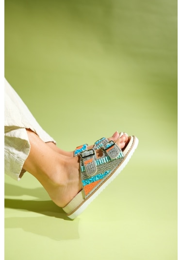 Luvishoes Lanso Bej Taşlı Çift Bantlı Kadın Terlik Bej
