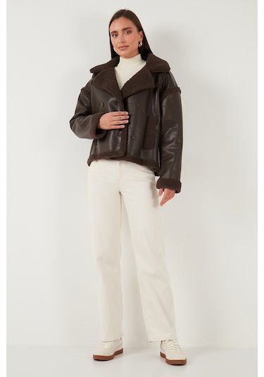 Lela Oversize Kruvaze Yaka Peluş Detaylı Suni Deri Biker Ceket Bayan Mont 6810247 Kahve