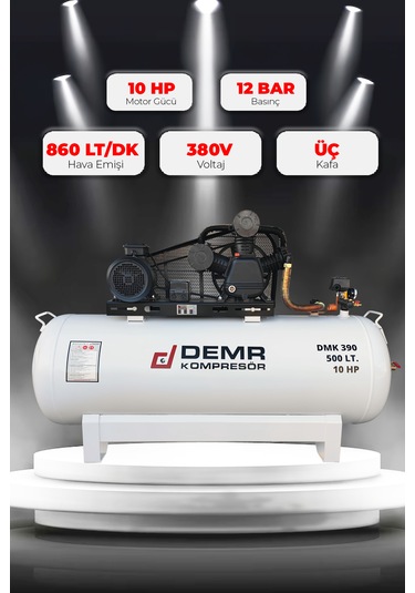 Demr Kompresör Pistonlu 500 LT 3 Kafa 12 Bar 10 HP IDMK390 Hava Kompresörü