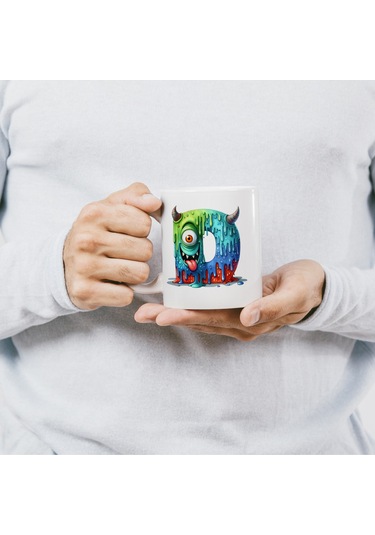 D Harfi Bardak, Sevimli Canavarlar Harflı Bardak Hediyesi Porselen Beyaz