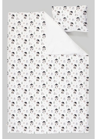 Organik Tek Kişilik Nevresim Takımı 160x220 - Kutup Dostları Penguenler Renkli