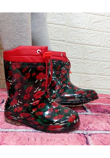 Çağrı Kırmızı Çiçekli Siyah İçi Yünlü Kız Çocuk Konçlu Yağmur Çizmesi 001