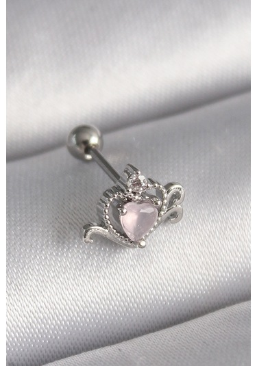 316l Çelik Gümüş Renk Pembe Mineli Kalp Zirkon Taş Detay Tragus P