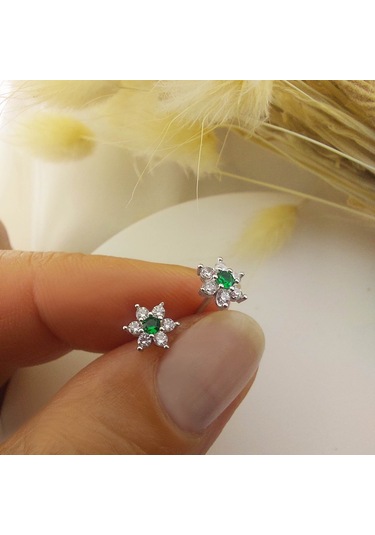 925 Ayar Gümüş Yeşil Taşlı Minimal Lotus Küpe Gümüş