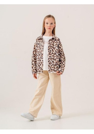 Kız Çocuk Leopar Desenli Kot Ceket İçi T-shirt Takım-15511 Kahverengi