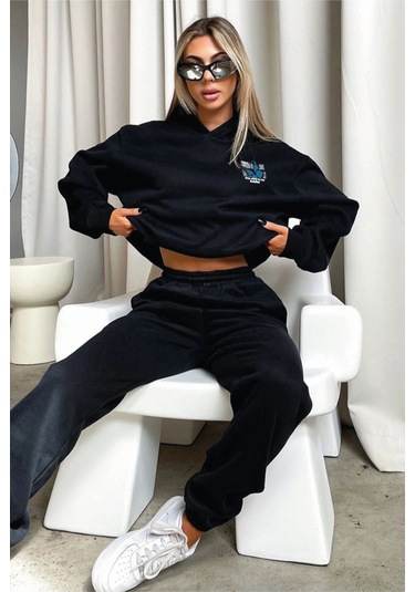 Kelebek Kışlık Eşofman Takımı - Siyah Baskılı Kapüşonlu Oversize Siyah