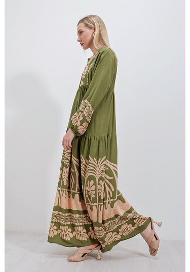 Bigdart 2423 Otantik Desenli Elbise - Haki