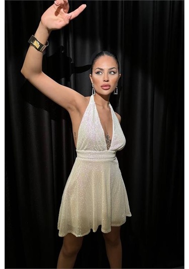 Neşeli Butik Kadın Beyaz Halter Yaka Payet Elbise Nbdf046 Beyaz