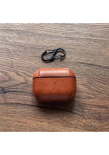 Airpods Pro 3 2025 Uyumlu Lüx Deri Suni Deri Kılıf 360 Koruma+kanca Açık Kahverengi