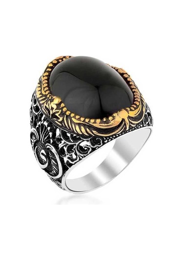 Gümüş Siyah Oniks Taşlı Erkek Yüzük Çok Renkli