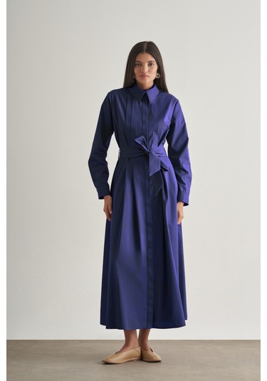 Mizalle Premium Saf Pamuk Lacivert Piliseli Uzun Elbise Lacivert