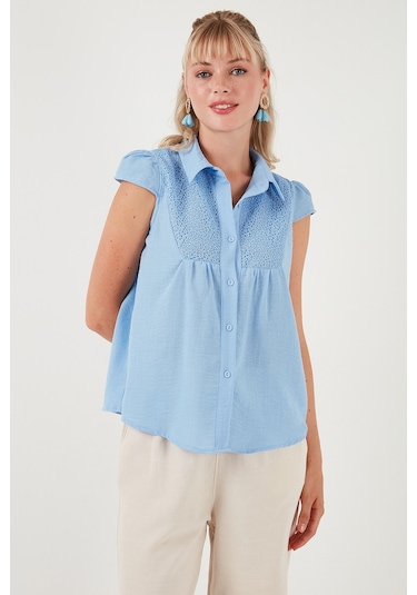 Lela Dantel Detaylı Kısa Kollu Regular Fit Bayan Gömlek 611Go0215 Bebe Mavi