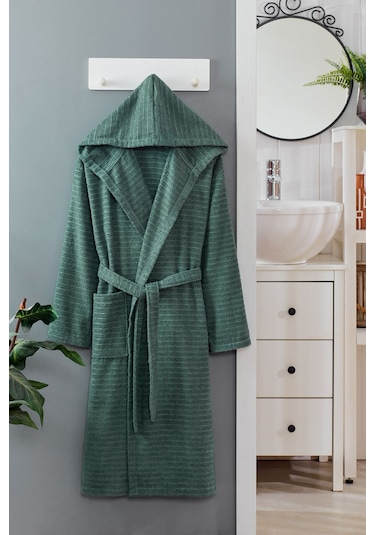Formeya Pamuklu Kapüşonlu Bornoz Unisex Bornoz Yeşil