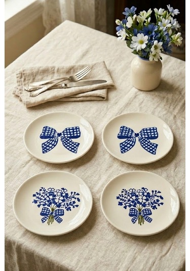 Blue Gift 4 Lü Çiçek Desenli Seramik Tatlı Tabağı 16 Cm Pasta Kahvaltı Sunum Tabak Seti Beyaz