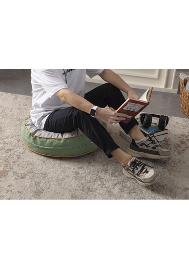 Gri Çiçek Desenli Dekoratif Taşınabilir Yuvarlak Puf Yer Minderi