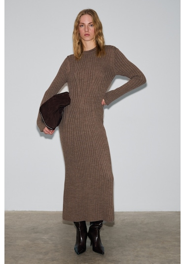 Grımelange Duende Kadın Yuvarlak Yaka Çizgi Desenli Slim Fit Triko Vizon Elbise Vizon