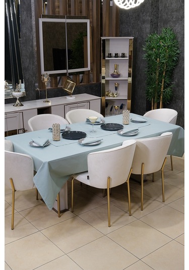 Dream 8 Parça Masa Örtüsü Seti Çeyiz Seti Salon Masa Örtüsü, Runner, 6'lı Peçete Turkuaz