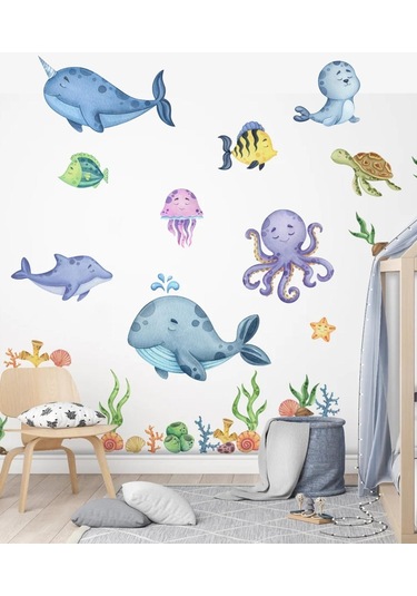 Eğitici Sevimli Deniz Hayvanları Ve Bitkiler Sticker Seti Büyük Boy