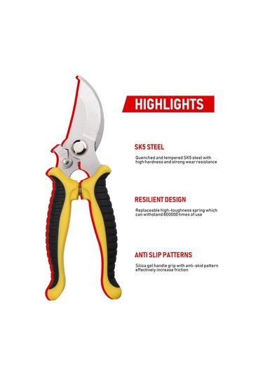 Qingmipy Bahçe Budama Makası Sk-5 Çelik Bıçaklı Ergonomik Silikon Kollü Ayarlanabilir Genişlikli Zirve Kesim Gücü 7.5 İnç Kırmızı-gri