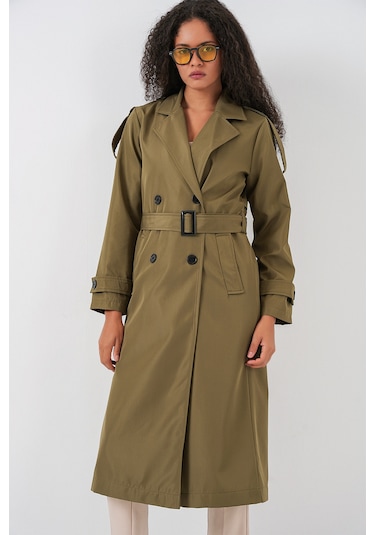 5941 Kruvaze Yaka Uzun Trençkot - Haki haki