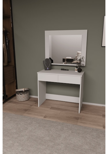 Df02110b Aynalı Beyaz Makyaj Masası Beyaz
