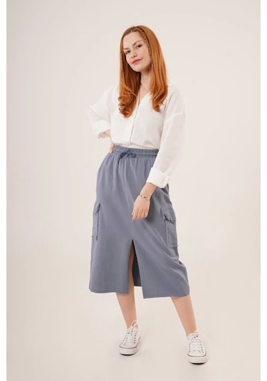 Defymoda Ön Yırtmaçlı Cep Detaylı İndigo Etek İndigo