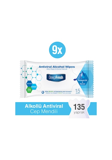 Deep Fresh Alkollü Antiviral Islak Cep Mendili 9'Lu Paket 135 Yaprak