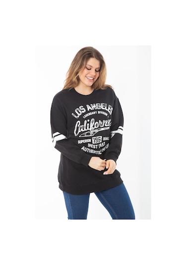 Kadın Büyük Beden Siyah İçi Şardonlu Üç İplik Sweatshirt 65n37295-siyah Siyah