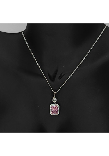 Pembe Baget Taşlı Kolye&küpe Set - Gümüş Pembe