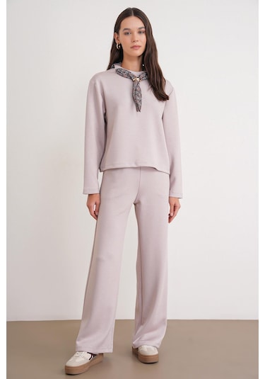 2026 Kadın Fular Detaylı Modal Alt Üst Eşofman Takım Bej Bej