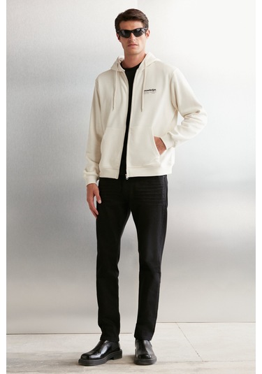 Aksel Erkek Yumuşacık Organik Pamuk Oversize Fermuarlı Baskılı Kapüşonlu Taş Rengi Sweatshirt