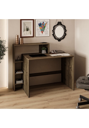 Amber Çalışma Masası Raflı, Modern Bilgisayar Masası Ceviz