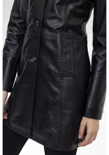 Care Siyah Düğmeli Dar Fit Kesim Astarlı Kısa Hakiki Kadın Deri Kaban-siyah Siyah