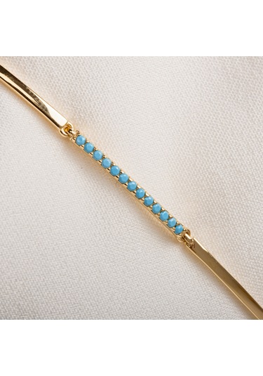 Gümüş Bileklik - Sıra Firuze Turkuaz Taşlı Modern Tasarım Şık 925 Ayar Gümüş Bileklik Gümüş