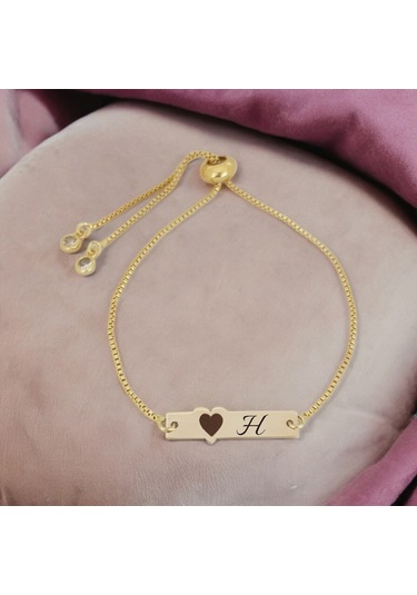 Archin H Harfine Özel Zincirli Kalp Motifli 14 Ayar Altın Plakalı Hediye Bileklik-432harf H