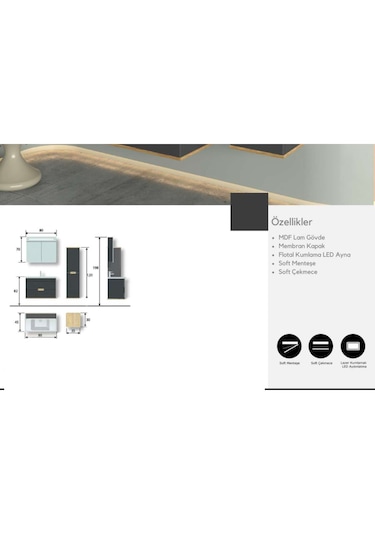 Evros Babil Banyo Dolabı 80 Cm Siyah Boy Dolabı Dahil Gri - Siyah