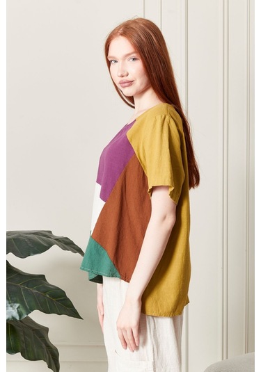 Keten Gökkuşağı Asimetrik Kesim Bluz Renkli Ve Şık Tasarım SAFRAN