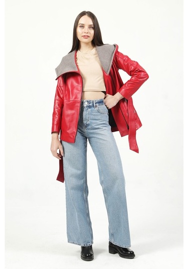 Dericlub Yb-2163/80 Gerçek Deri Kadın Kaban Kırmızı