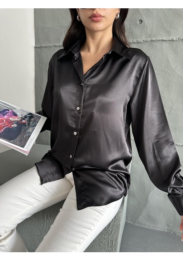 Kadın Oversize Siyah Renk Saten Gömlek-siyah Siyah