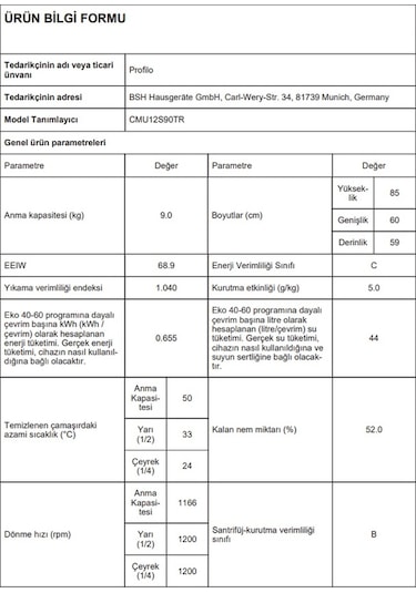 Profilo CMU12S90TR 1200 Devir 9 KG Çamaşır Makinesi