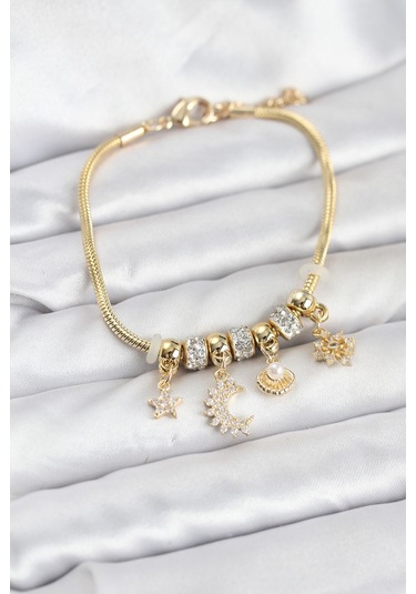 Pirinç Gold Renk Ay Charm Model Charmlı Kadın Bileklik Altın