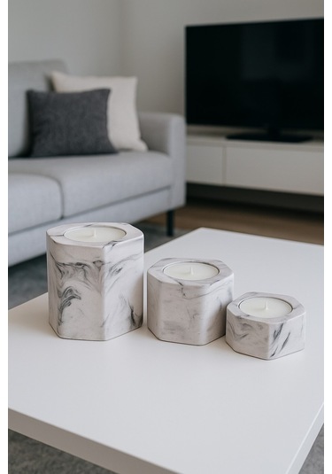 Dekoratif Tealight Mumluk Mermer Desenli